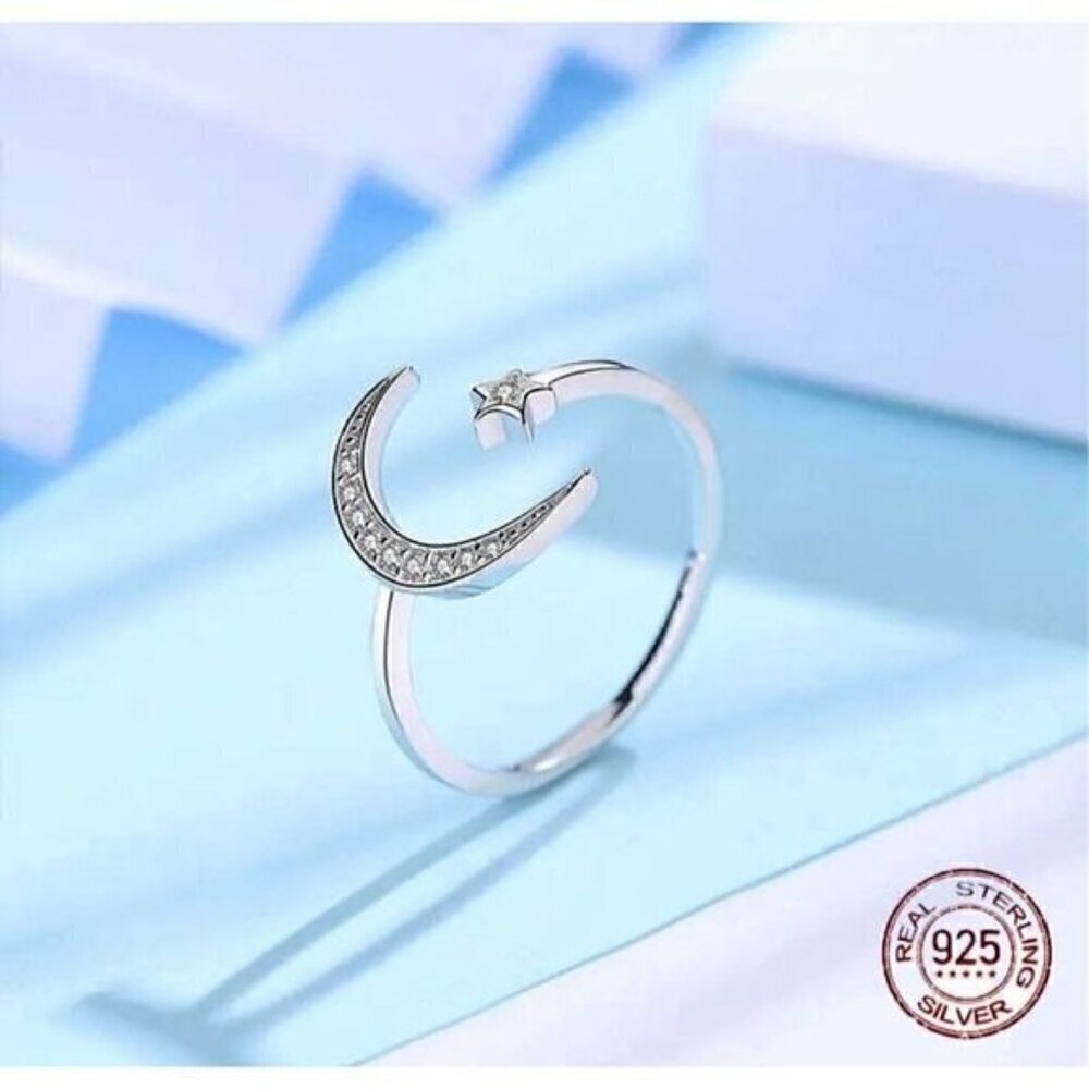 New Dainty Star Crescent Moon Ring S925 Sterling Silver CZ Adjustable Celestial